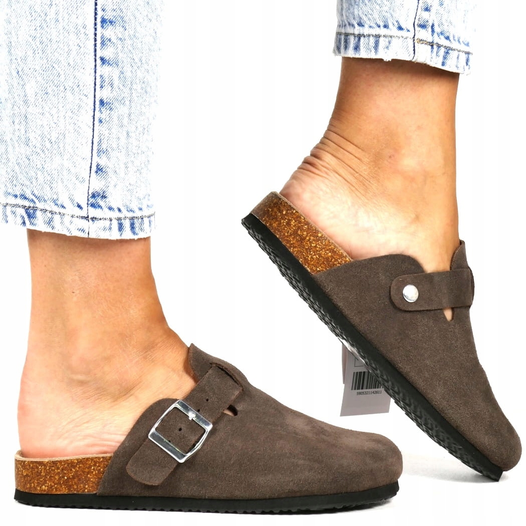 iButy Dámské Nazouváky Kožené Semišové Tmavě Hnědé Chodaki Plná Přední Část