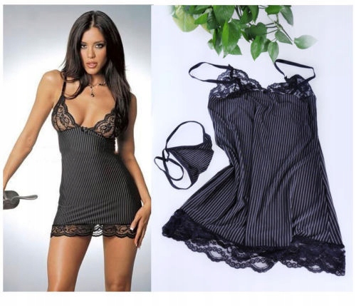 KOSZULKA NOCNA DAMSKA SEXY HALKA+STRINGI MIŁA BIELIZNA DO SPANIA KORONKOWA Rękaw bez rękawów