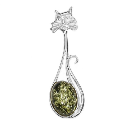 Stříbrný Přívěsek kočka ze zeleného Jantaru ze stříbra 925 přívěsek Kočička