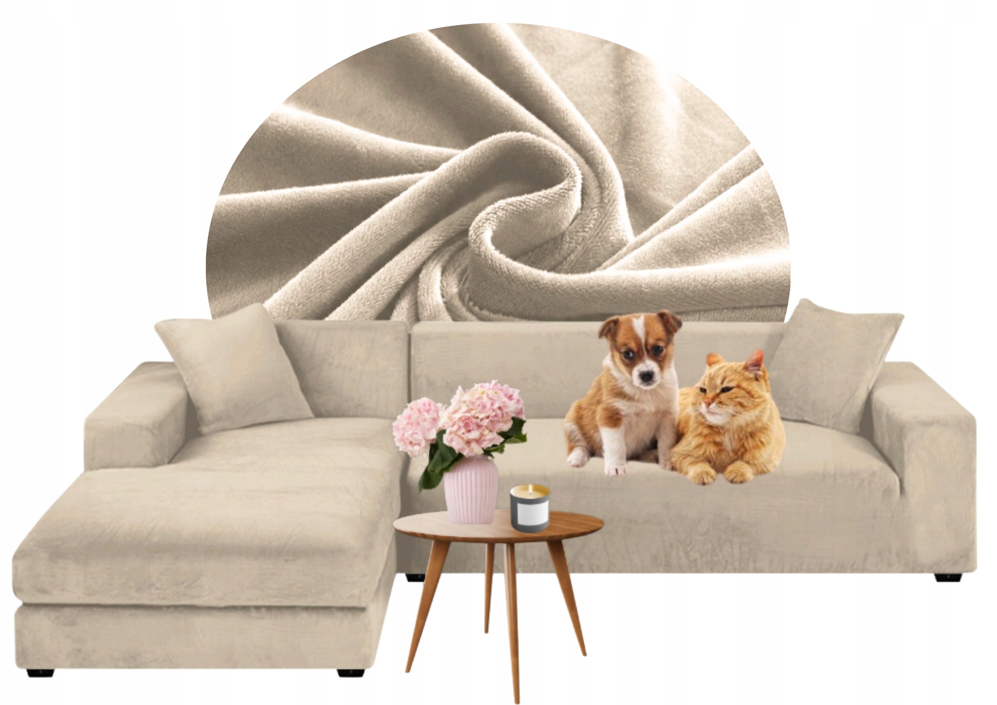 Potah Na Celý Roh Pohovka Kašmírová Béžová Velur Elastický 3+3 Os