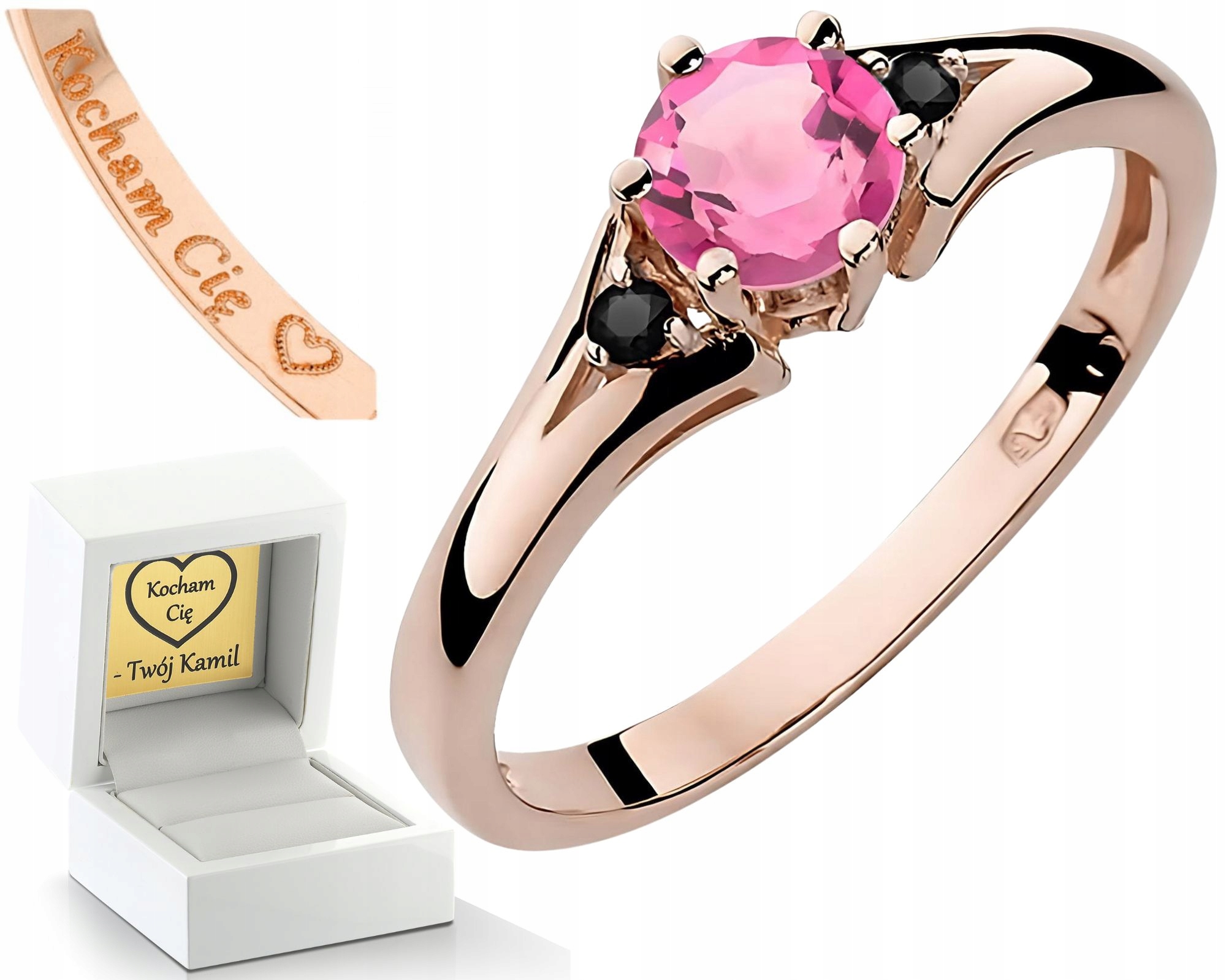 Růžové Zlato Prstýnek S Růžovým Topazem A Černými Brilianty 585