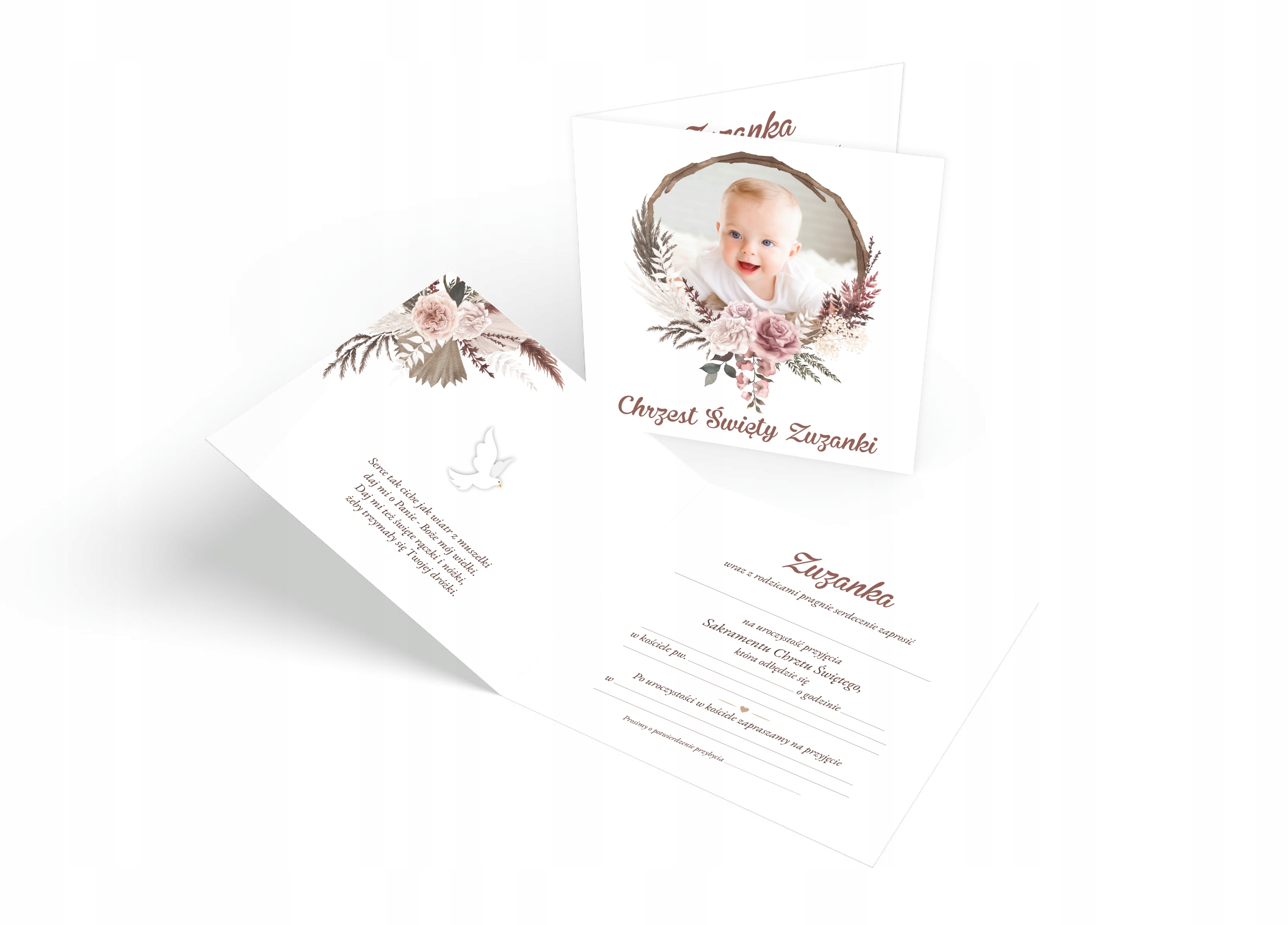 ZAPROSZENIA NA CHRZEST - ZE ZDJĘCIEM - BOHO - IMIĘ Szerokość produktu 14 cm