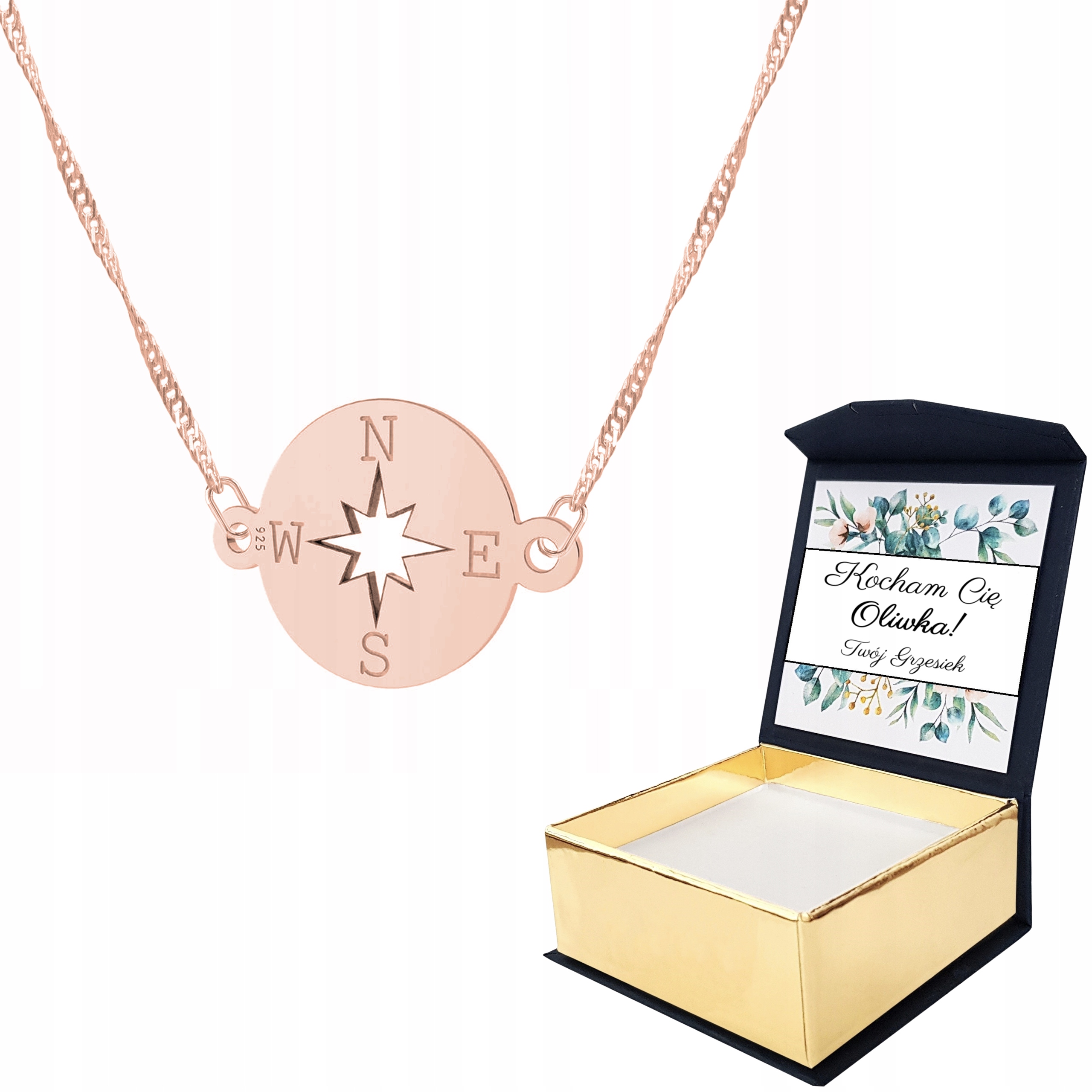 Náhrdelník růžové zlato 925 Kompas Vlastní Potisk
