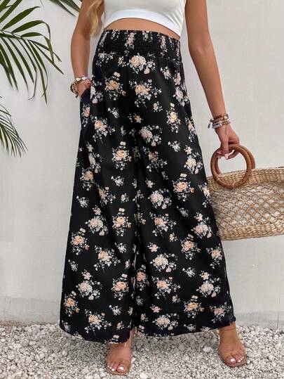 SHEIN CZARNE CIĄŻOWE SPODNIE W KWIATY KIESZENIE L 60269 Rozmiar L
