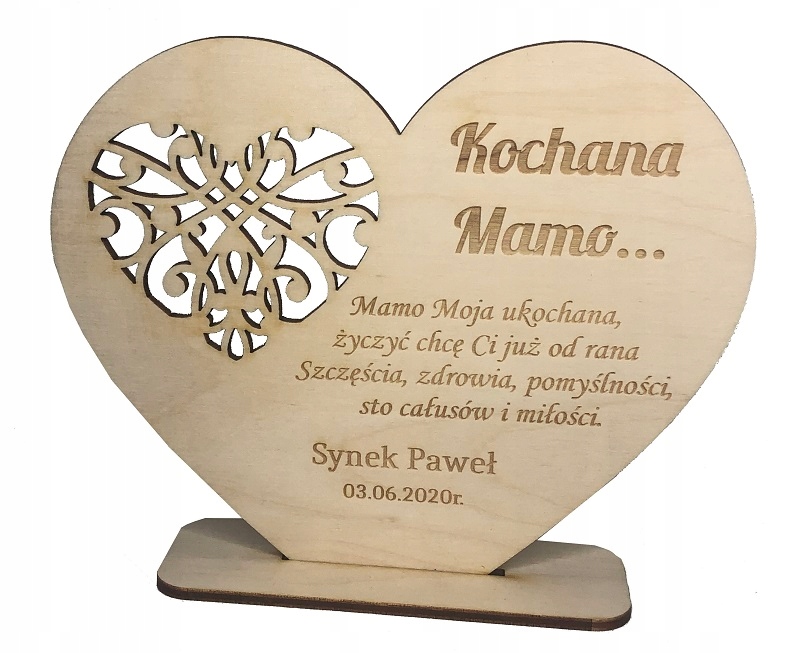 

Serce drewniane na podstawce Dzień Mamy grawer