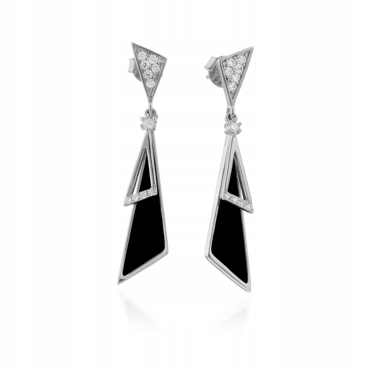 Stříbrné Náušnice Ag 925 Trojúhelníky Černý Smalt A Zirkony Žena Dárek