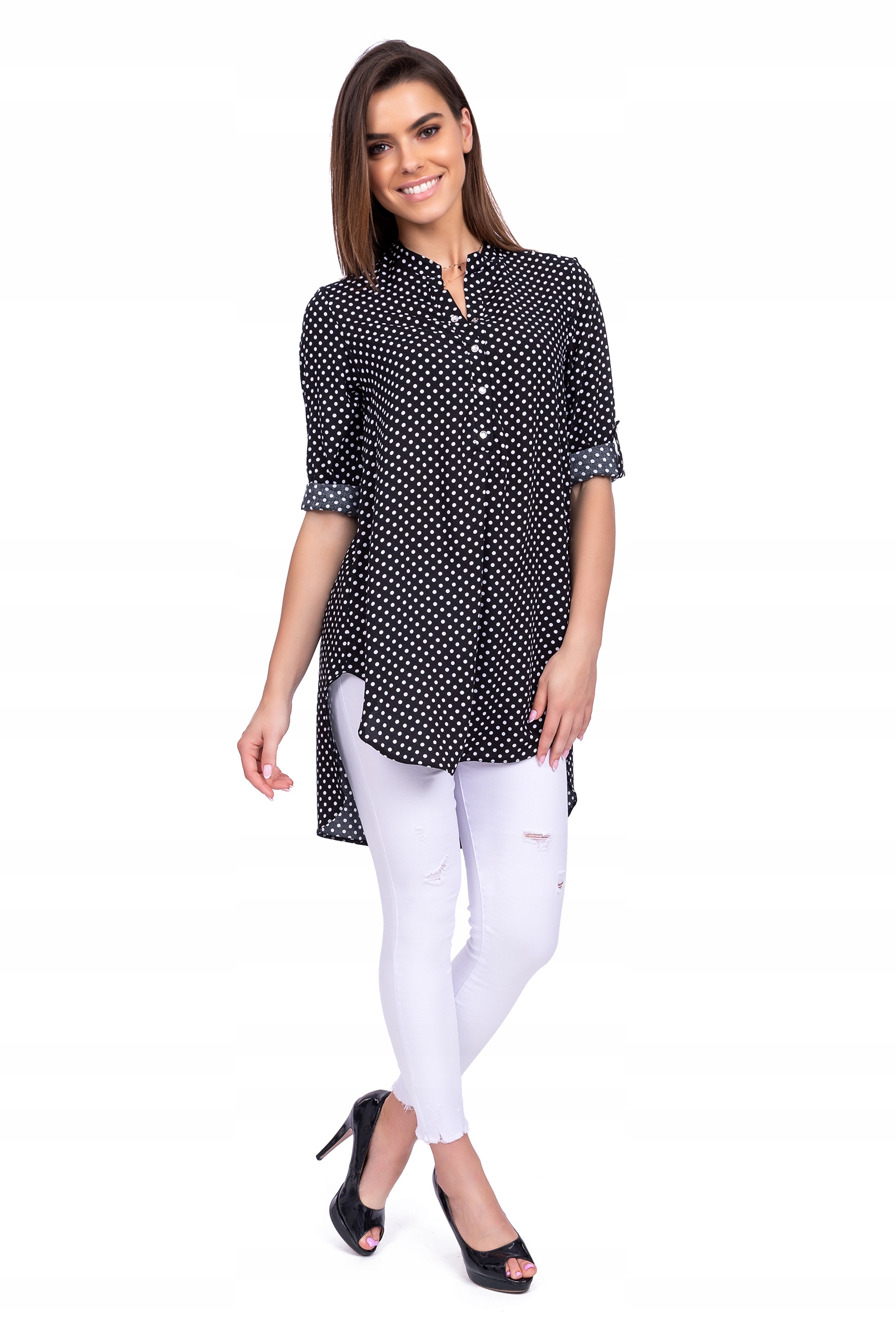 LUŹNA ASYMETRYCZNA DŁUGA KOSZULA groszki R - 40 Dekolt stójka