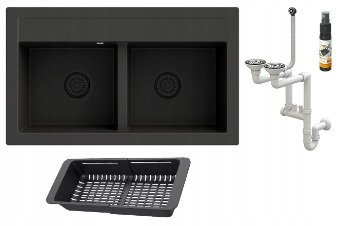Čierny granitový drez Dvojkomorový s odkvapkávačom Duet, sifón chróm