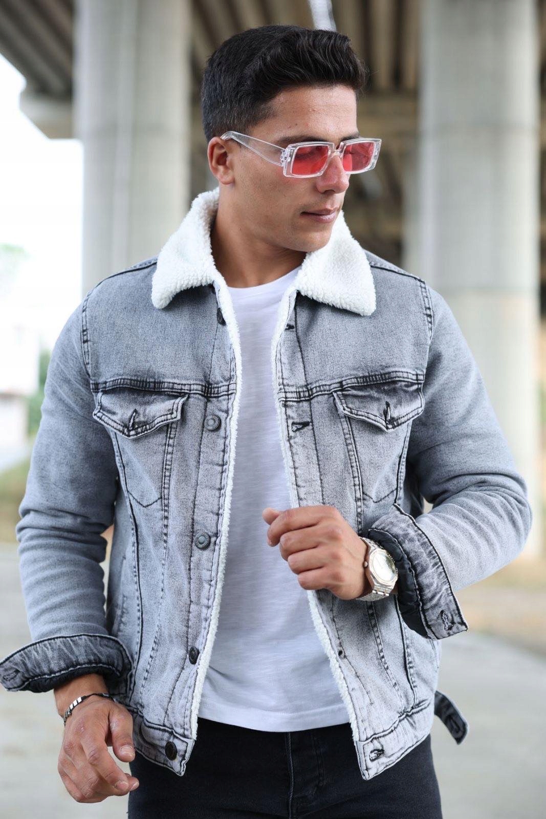 Pánská Džínová Bunda Zateplená Kožíškem-kožíškem (šedá) Velikost -XL