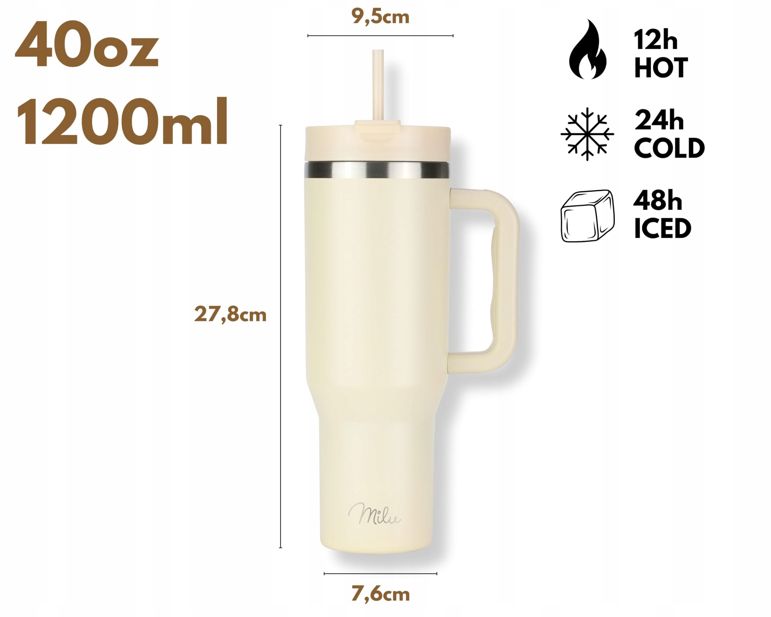 MILU Kubek Termiczny 1200ml Ze Słomką I Uchem Stal Nierdzewna Beżowy — miniatura 4
