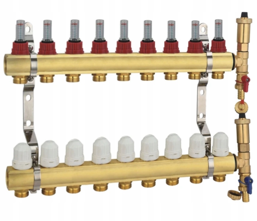 Rozdělovač 9 sekcí okruhů pro podlahové topení Pex s rotametry