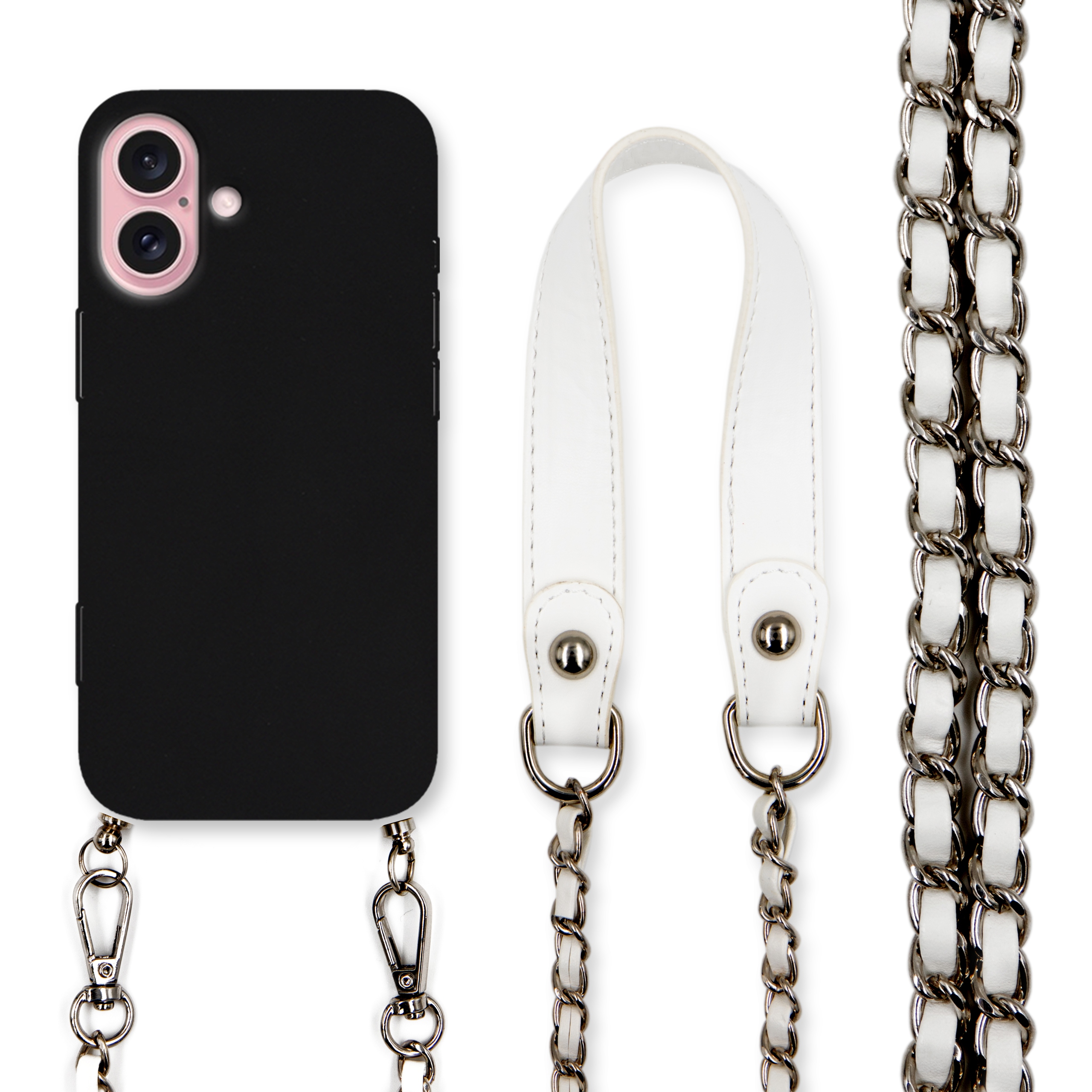 Puzdro Na Iphone 16 Matné Čierne Puzdro Retiazka Ekologická Koža Biela Štýlová Móda