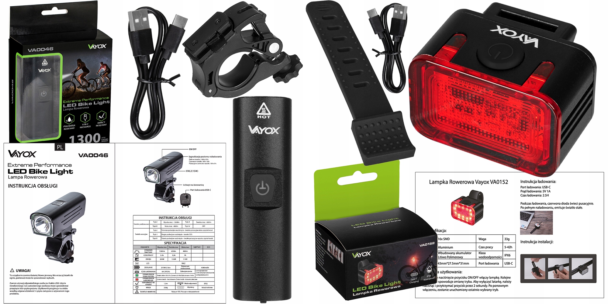 OŚWIETELNIE ROWEROWE LAMPKI PRZEDNIA I TYLNA LED USB-C AKU PRO ZESTAW VAYOX Waga 235 g