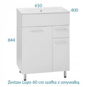 Szafka stojąca LUPO biała z umywalką 60 cm na 40 cm czarne uchwyty Szerokość mebla 61 cm