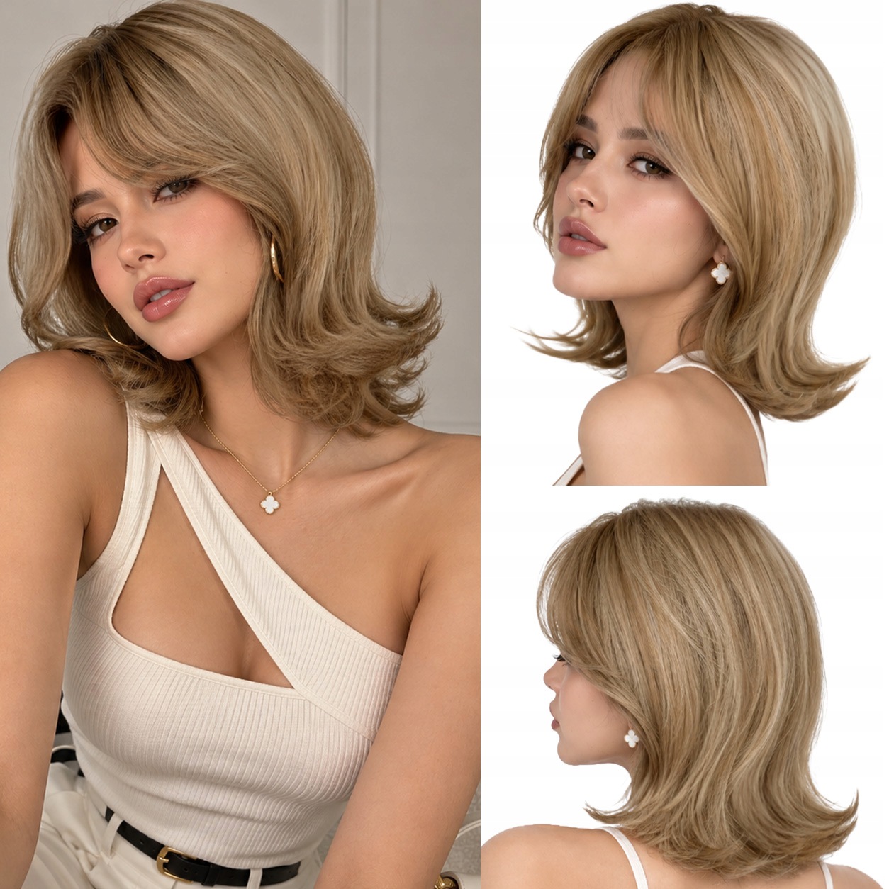 Peruka z włosów syntetycznych z grzywką półdługa ok. 27 cm blond ciemny