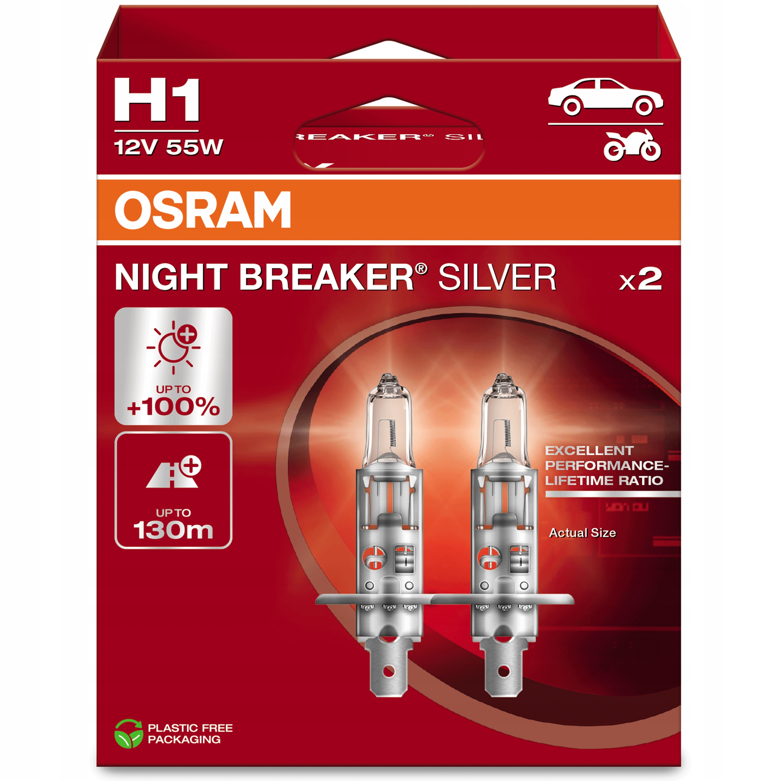 Osram H1 Żarówki Samochodowe Night Breaker Silver +100% +130M 12V Duo Box