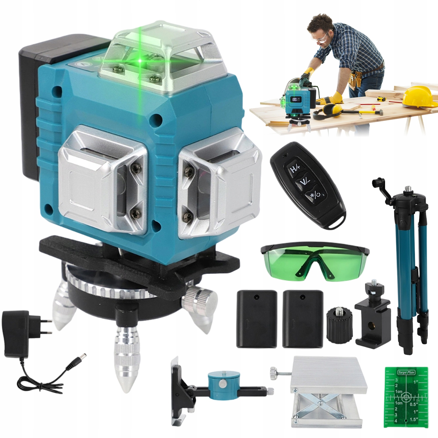 4D Laserová Vodováha Pro Laser Křížový 360 Zelená 2x Aku Stativ 16 Linek