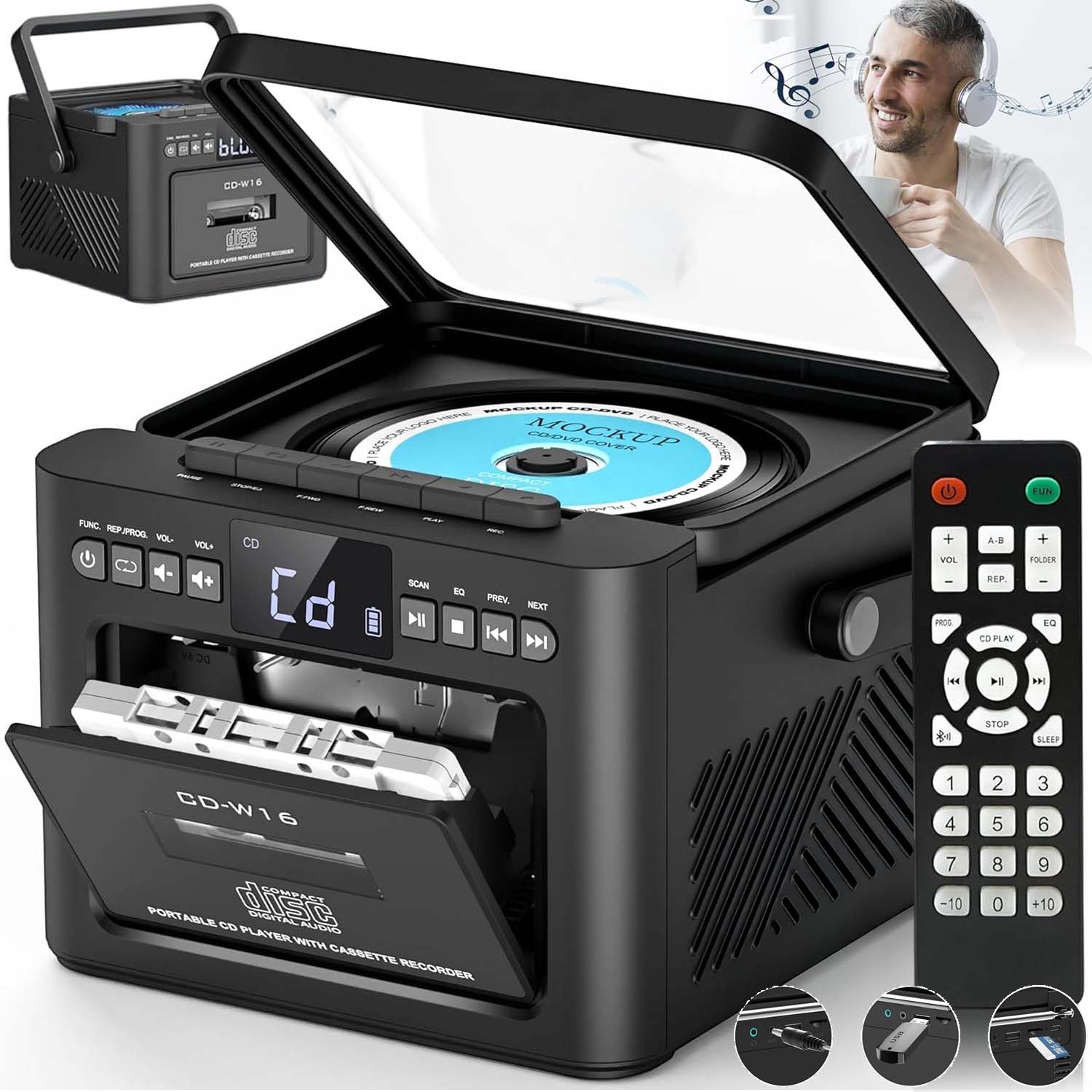 Přenosný CD Přehrávač Discman Bluetooth Aux Reproduktory Fm Hifi Vysílač