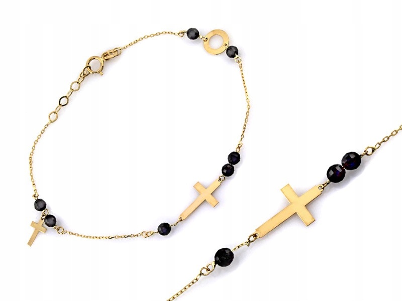 Zlatý náramek 585, černé korálky na jemném řetízku s křížkem
