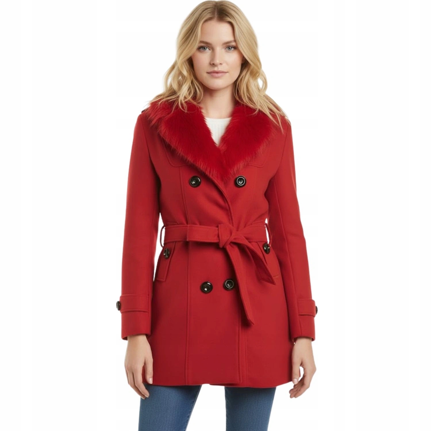 Dámský kabát Rvhswds červený, elegantní, zapínací, dvouřadý vel. 40/3XL