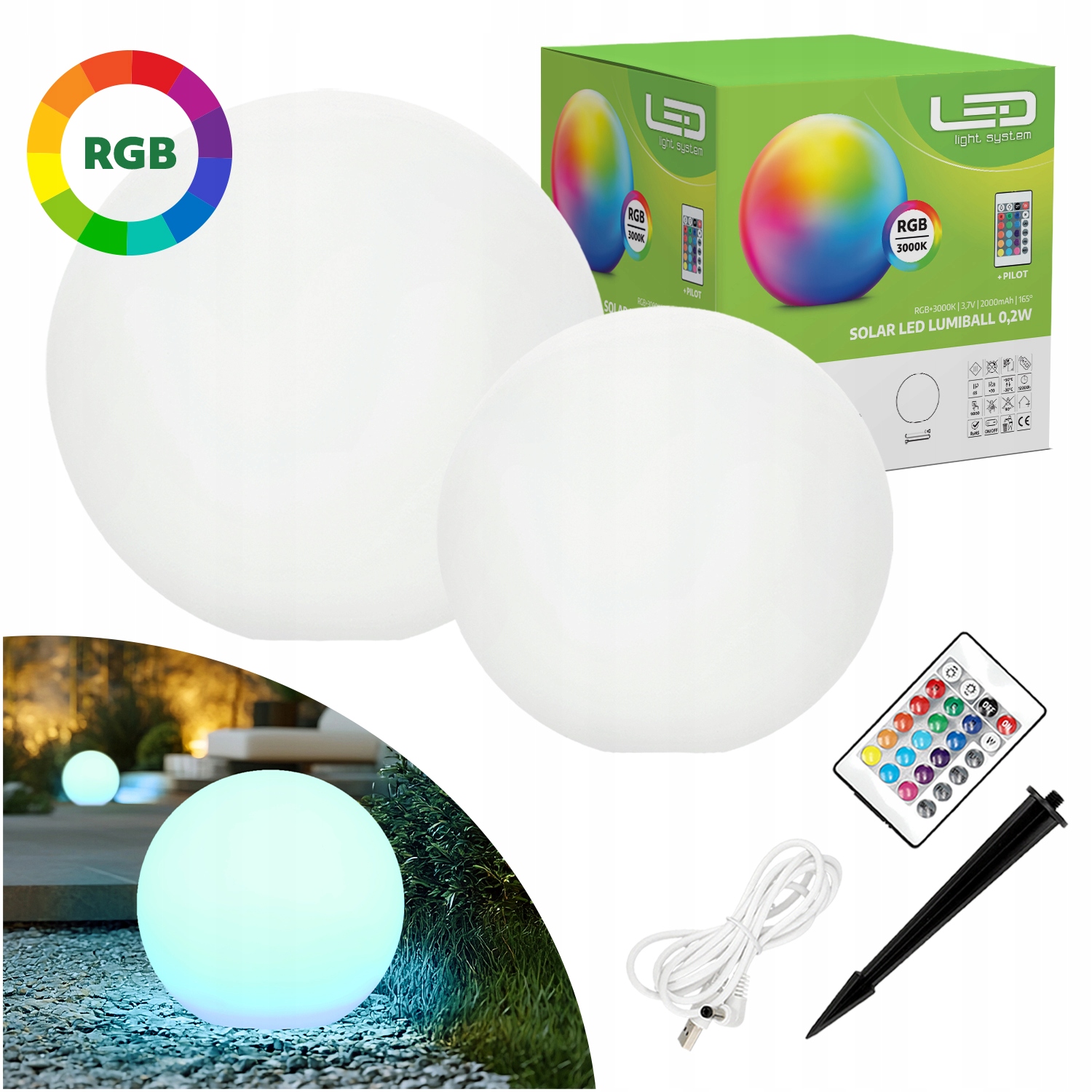 Sada solárních lamp 30 cm a 40 cm Rgb 2x koule Usb Baterie Rgb Dálkové ovládání