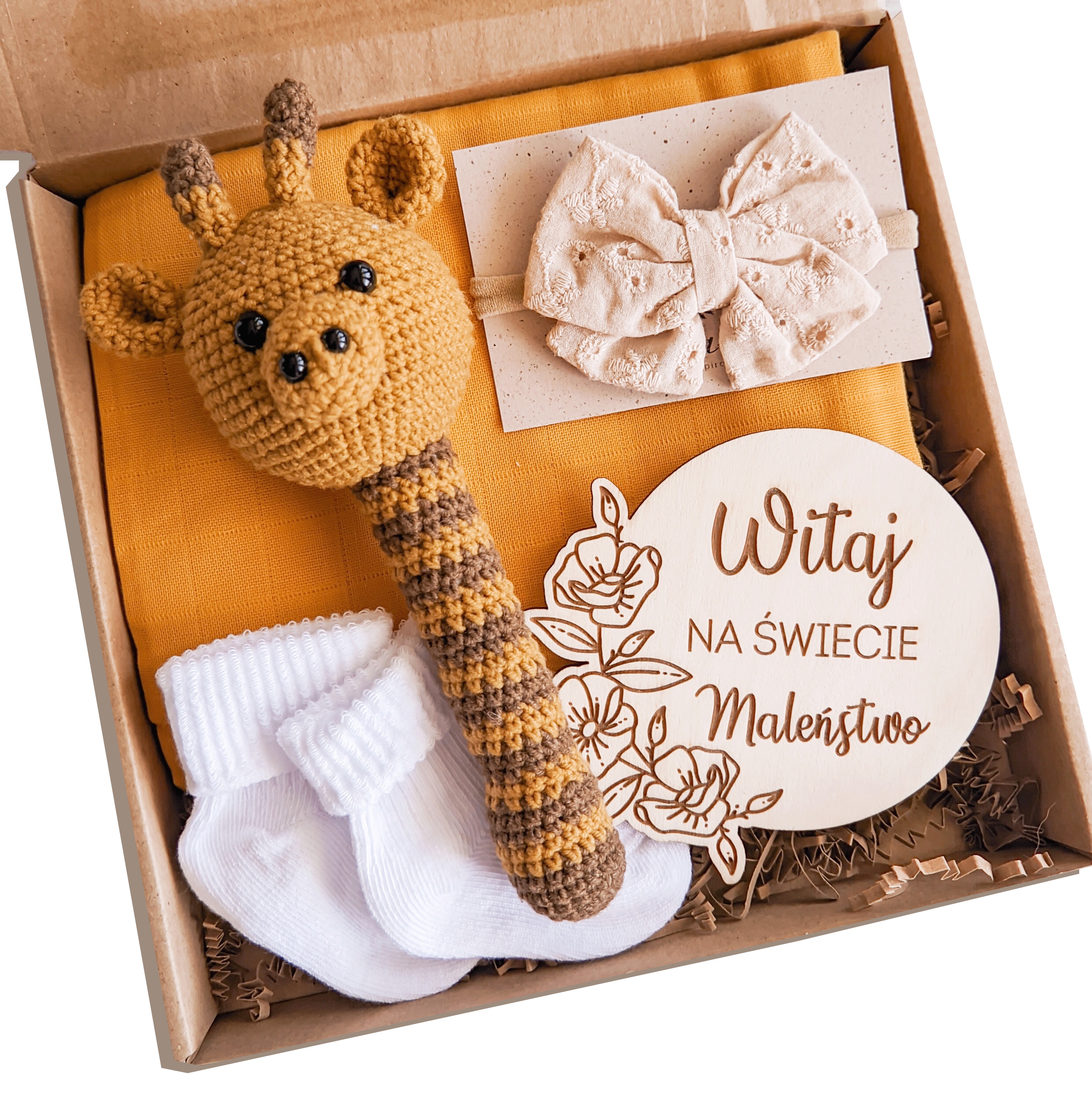 Baby shower gift box, chrastítko žirafa, krabička suvenýrů pro miminko