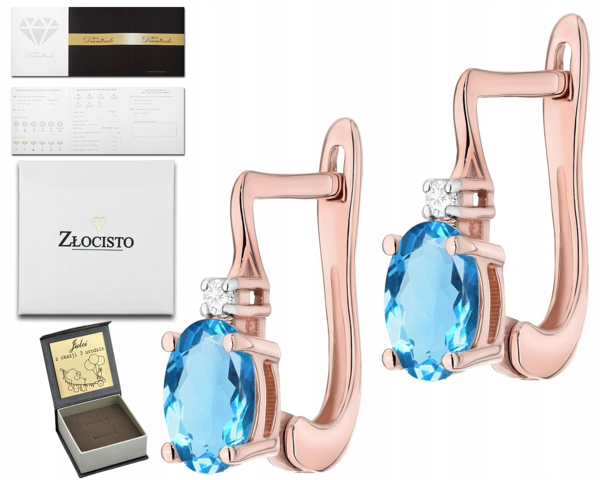 Náušnice Z Růžového Zlata S Diamantem A Přírodním Kamenem Topaz Zlato 585