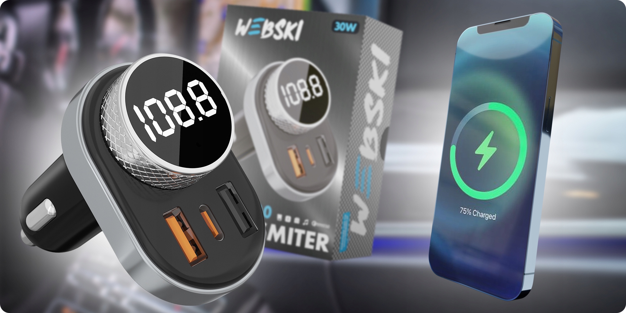 TRANSMITER SAMOCHODOWY FM Z ŁADOWARKĄ + KABEL 3W1 Stan opakowania oryginalne