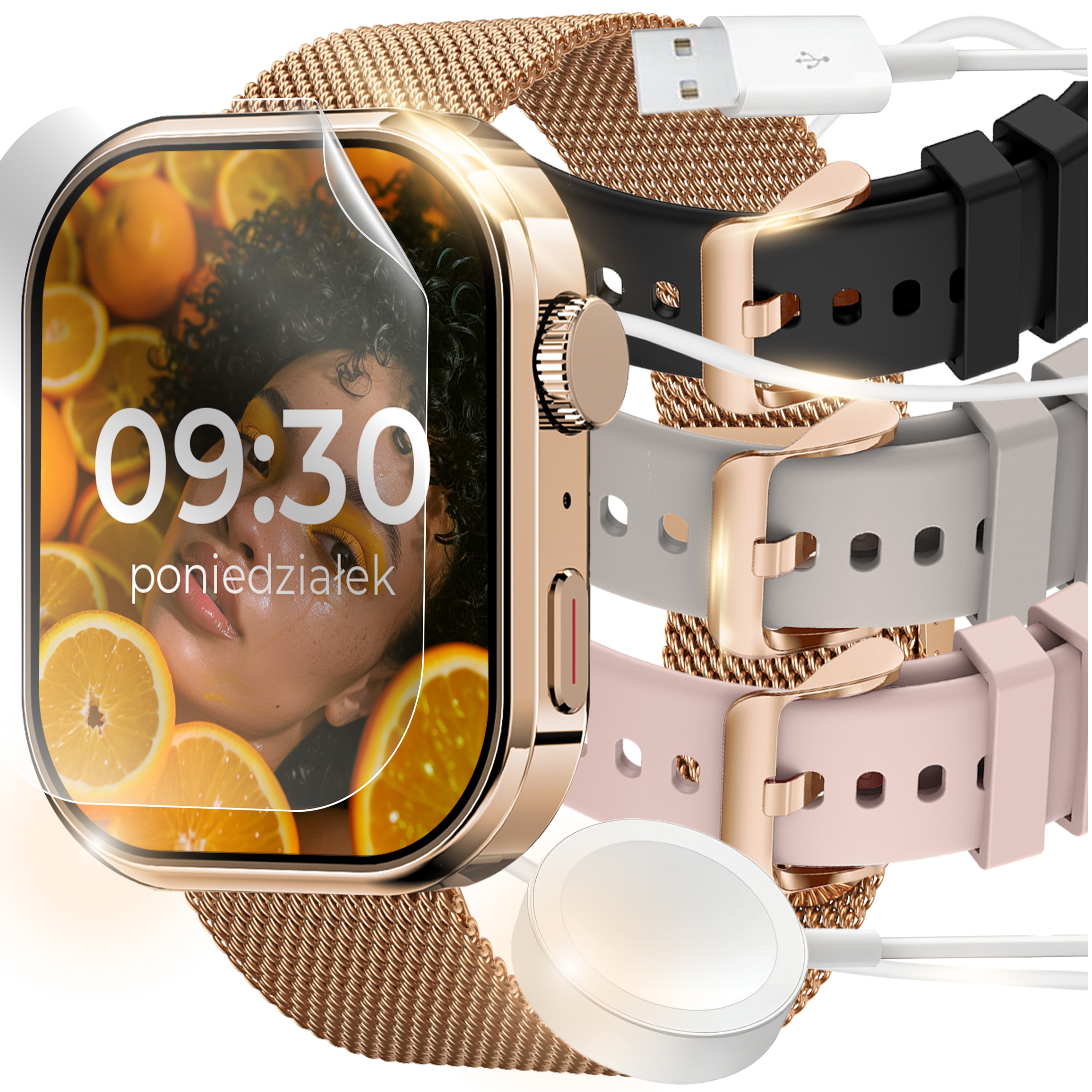 SMARTWATCH ZEGAREK DAMSKI ROZMOWY SPORT ZLOTY POWIADOMIENIA CUKIER EKG