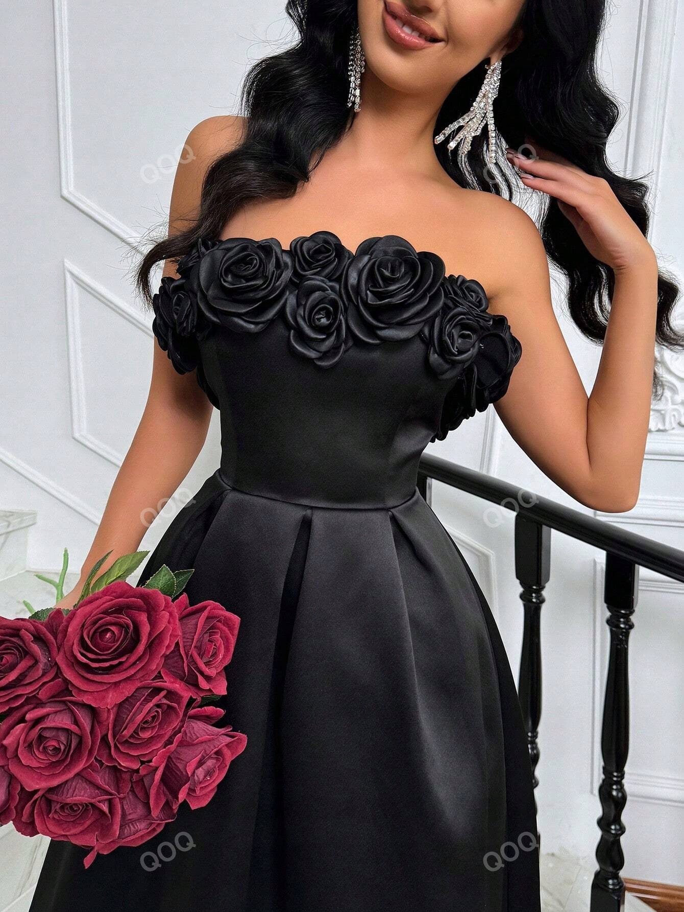 Šaty Večerní MIDI S Dekorovaným Výstřihem 3D Růže Černé M 38