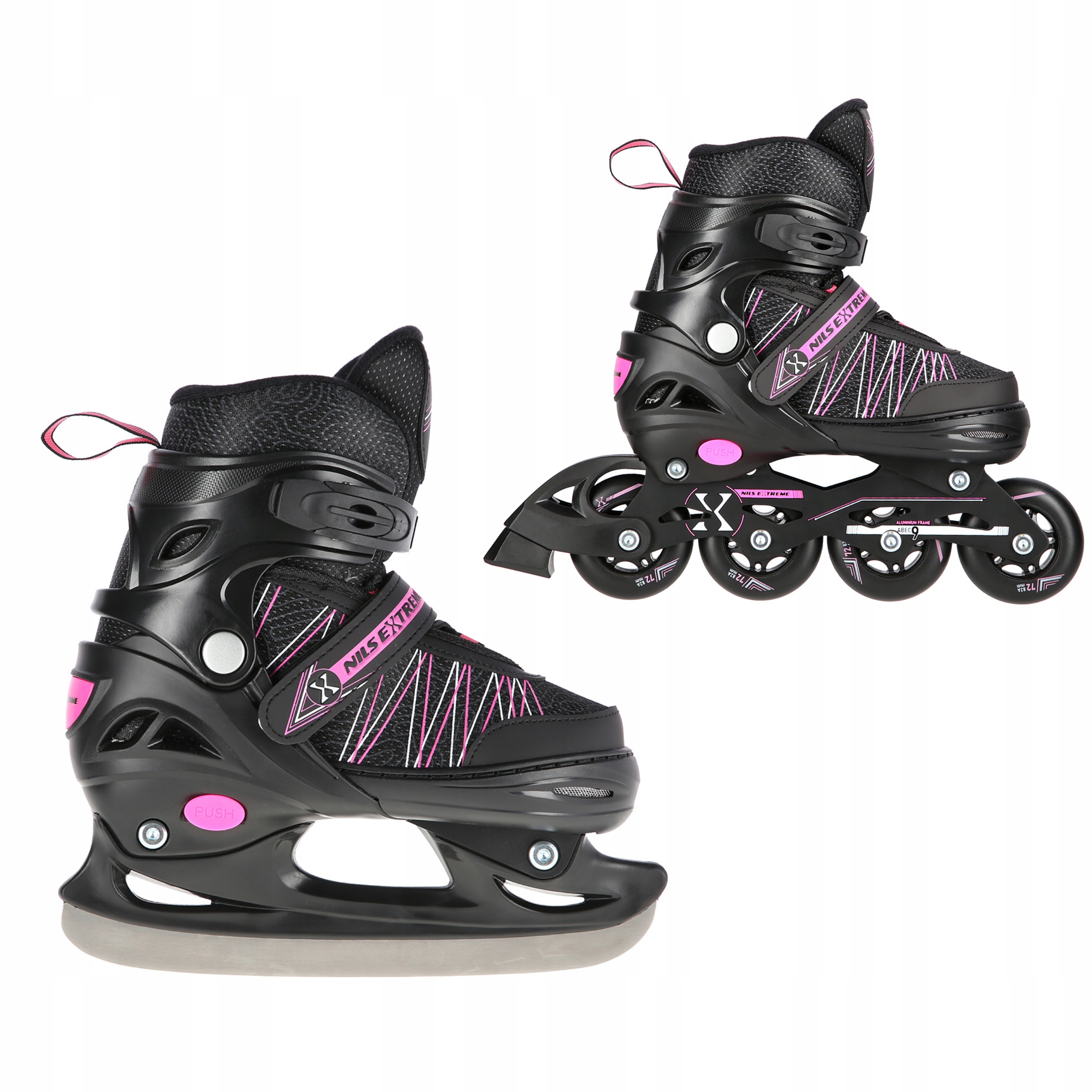 Brusle 2v1 s vyměnitelnou plošinou 2v1 Brusle Na Led Růžové ABEC9 Alu 31-34 Nils Extreme