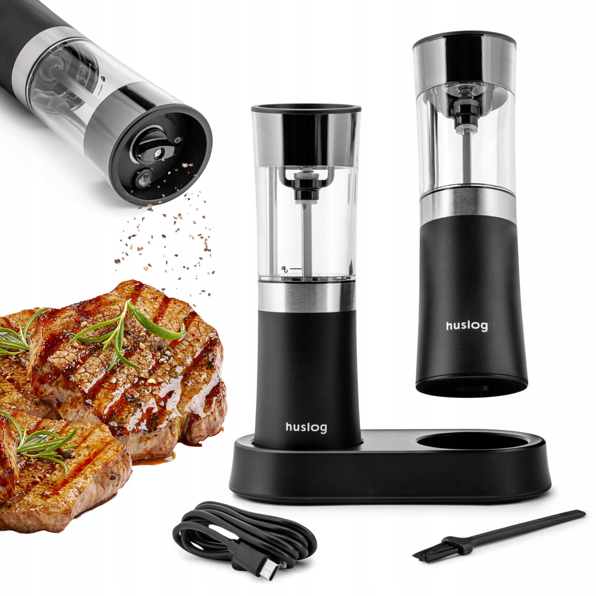 Zestaw 2x Młynek Elektryczny Grawitacyjny Do Pieprzu I Soli Baza Ładująca