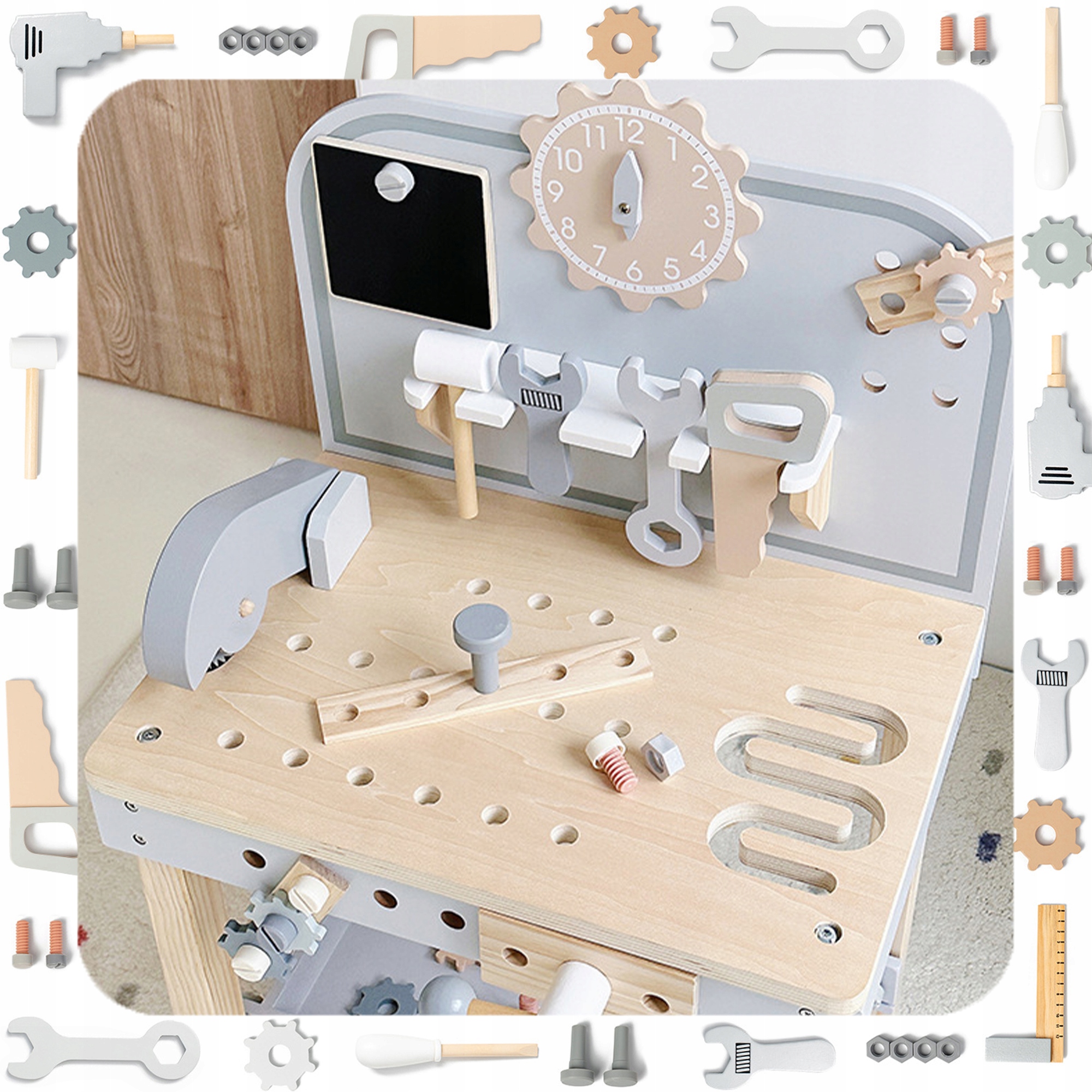 EDUKACYJNA ZABAWKA WARSZTAT DREWNIANY STÓŁ NARZĘDZIA DO NAPRAWY Stan opakowania oryginalne