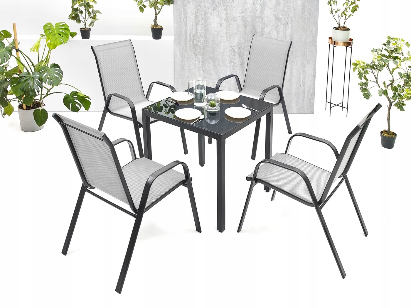 ZESTAW OGRODOWY SZKLANY STÓŁ 4K MEBLE OGRODOWE