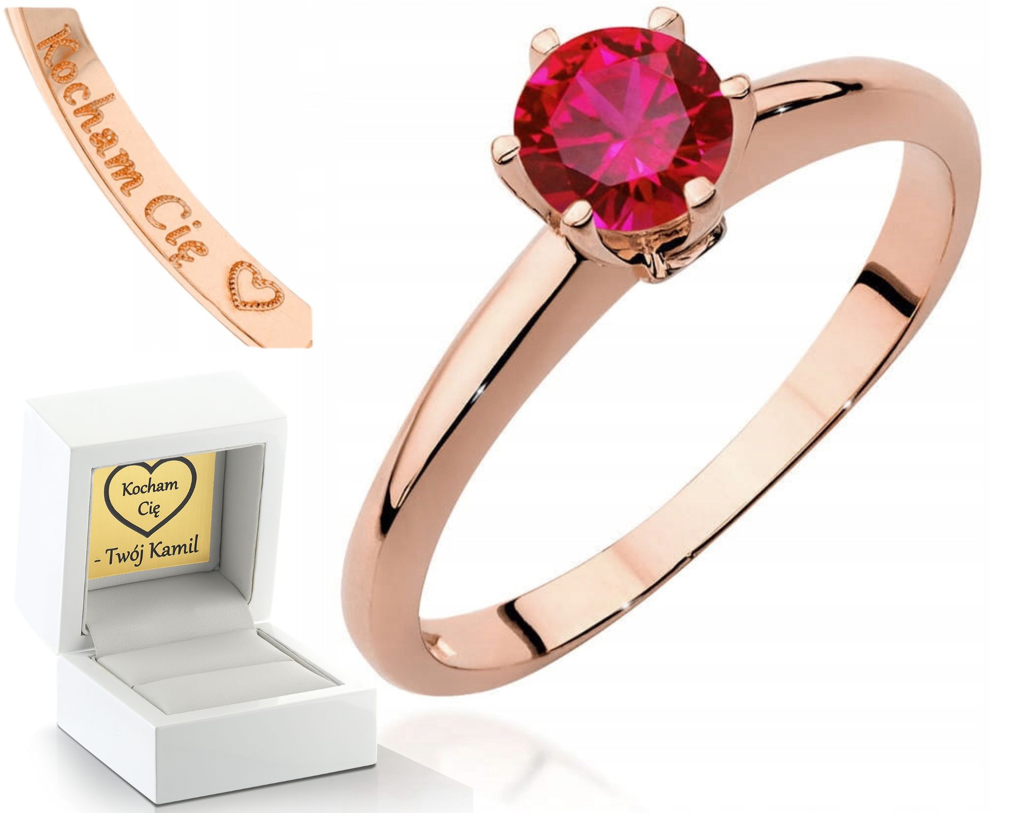 Růžové Zlato Prstýnek S Rubínem A Brilianty Gravírování 585 Bonus Dárek