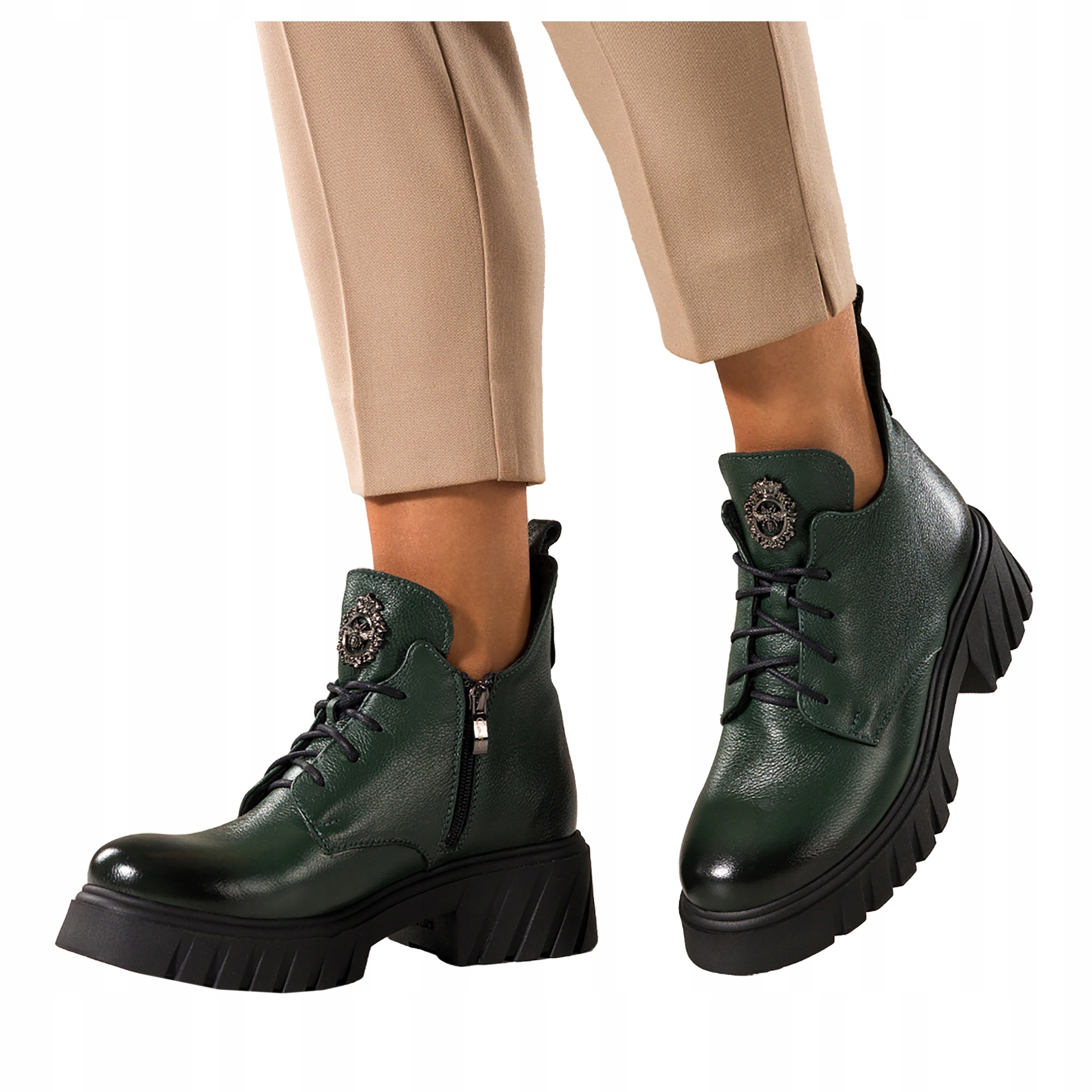 Dámské Kotníkové Boty Zelené Kožené Pohodlné S Ozdobou Platforma Šněrovací vel. 41