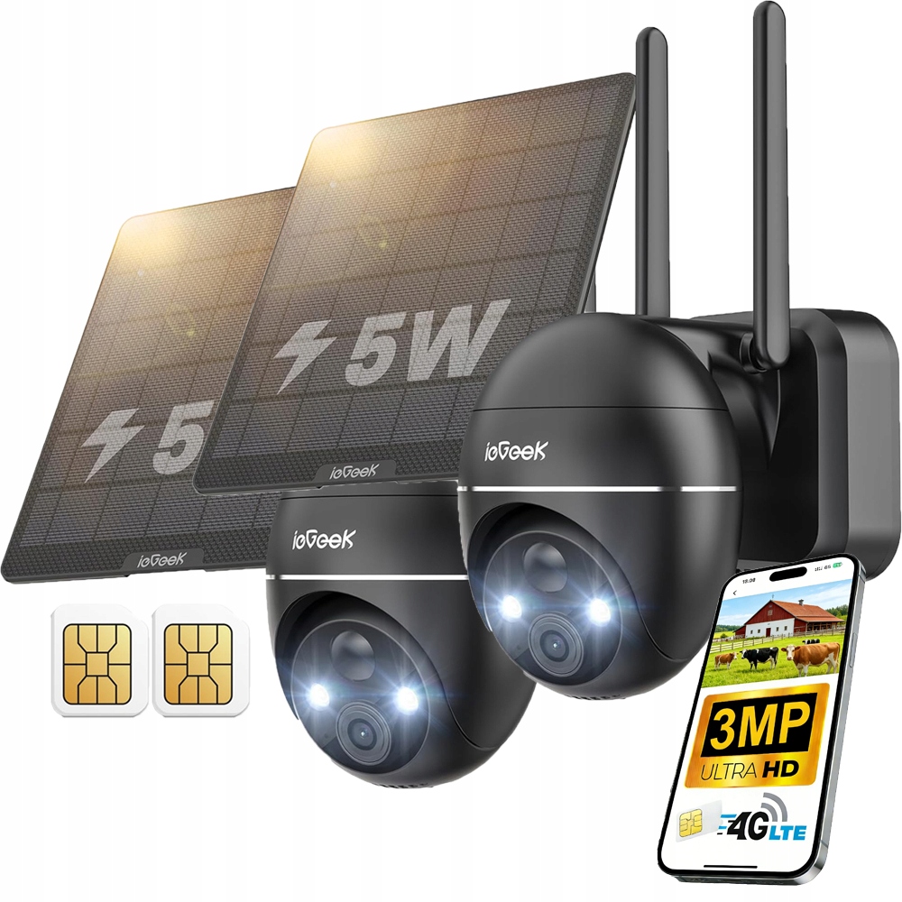 2 kusy Venkovní solární kamera 2K 3MP Sim karta 4G Lte Otočná Pir Ptz