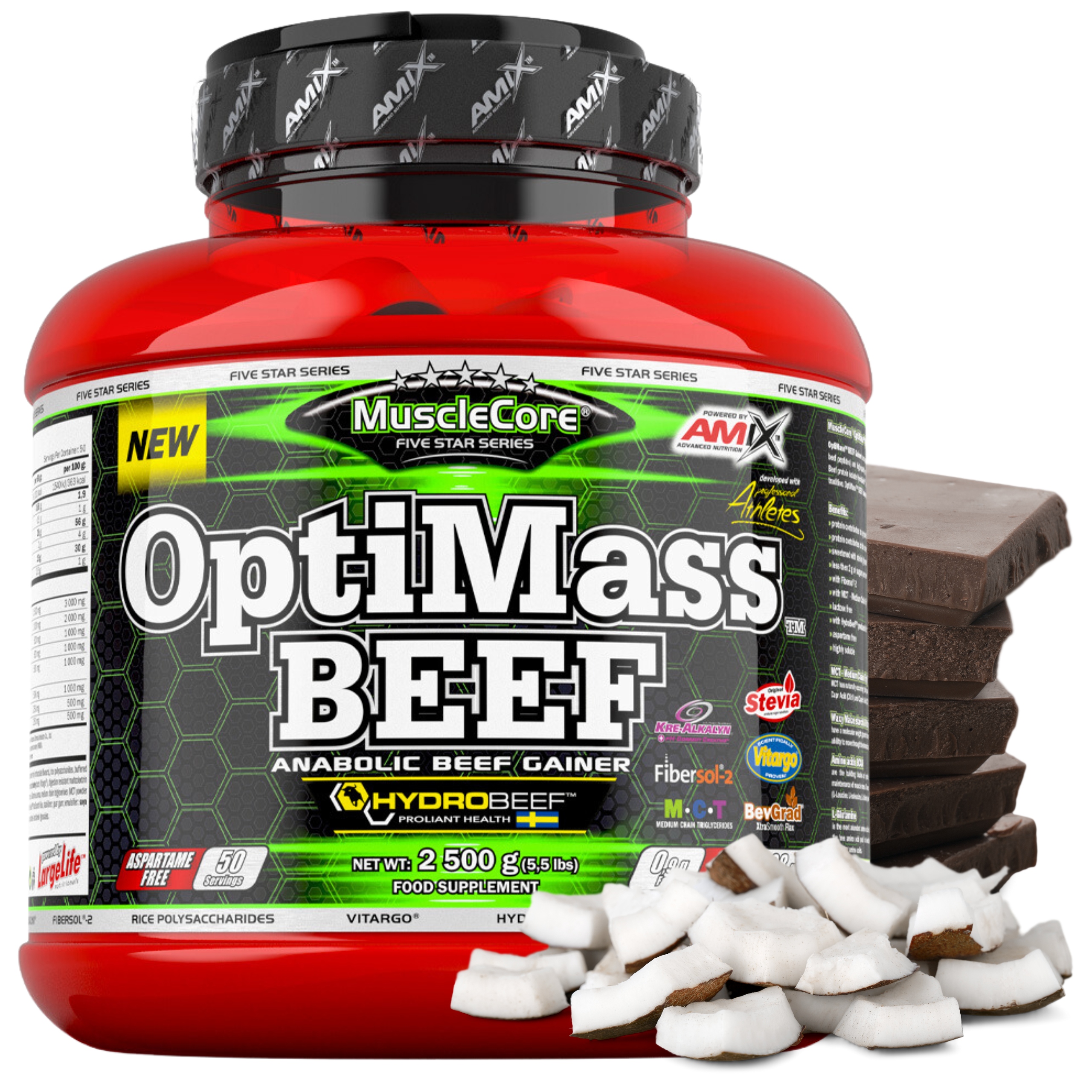 Gainer OptiMass Beef Protein Bcaa Kreatin Vláknina Polysacharidy Glutamin