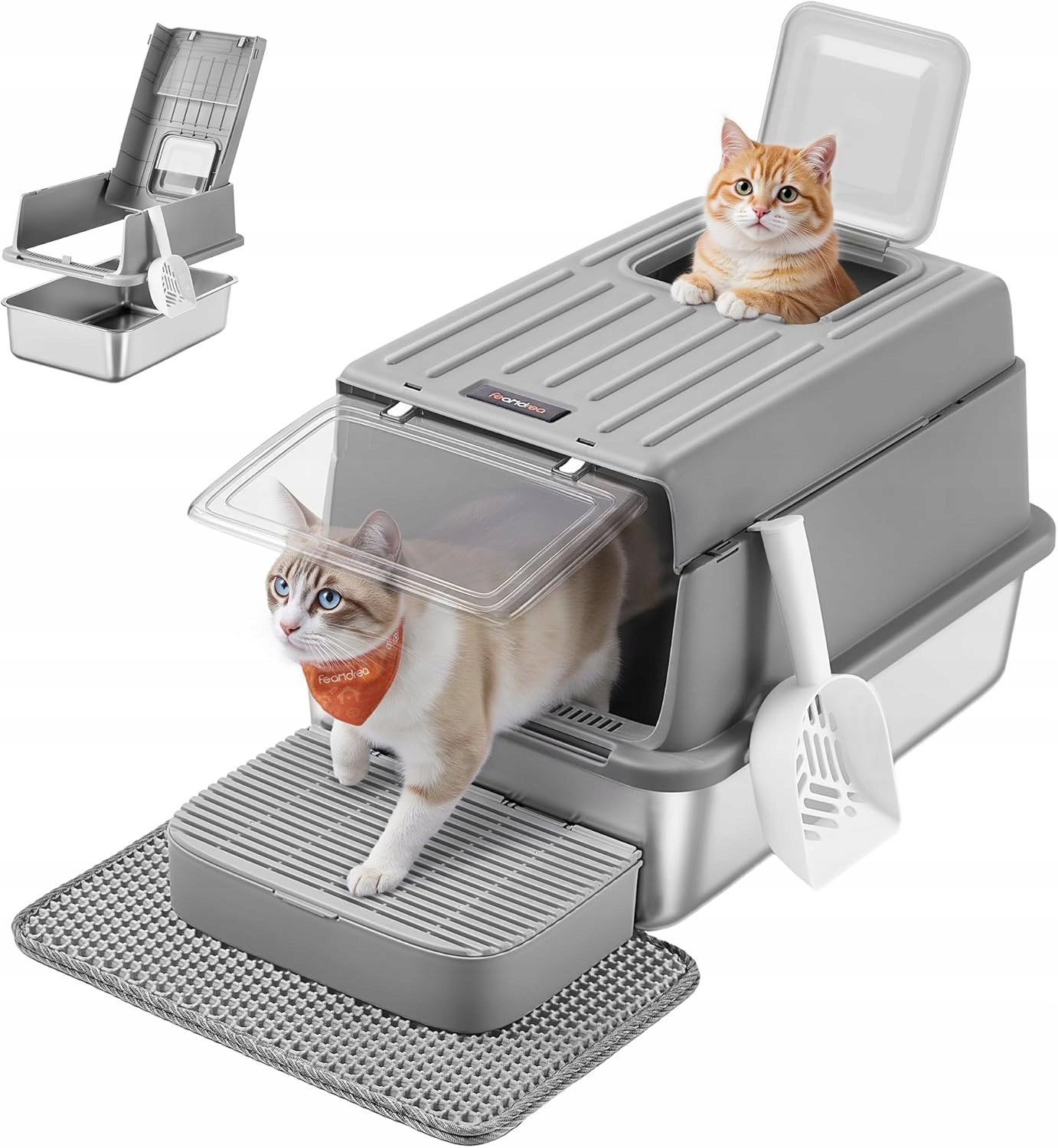 toaleta pro kočky Nerezová Ocel XXL Uzamykatelná Feandrea Mata Lopatka Šedá
