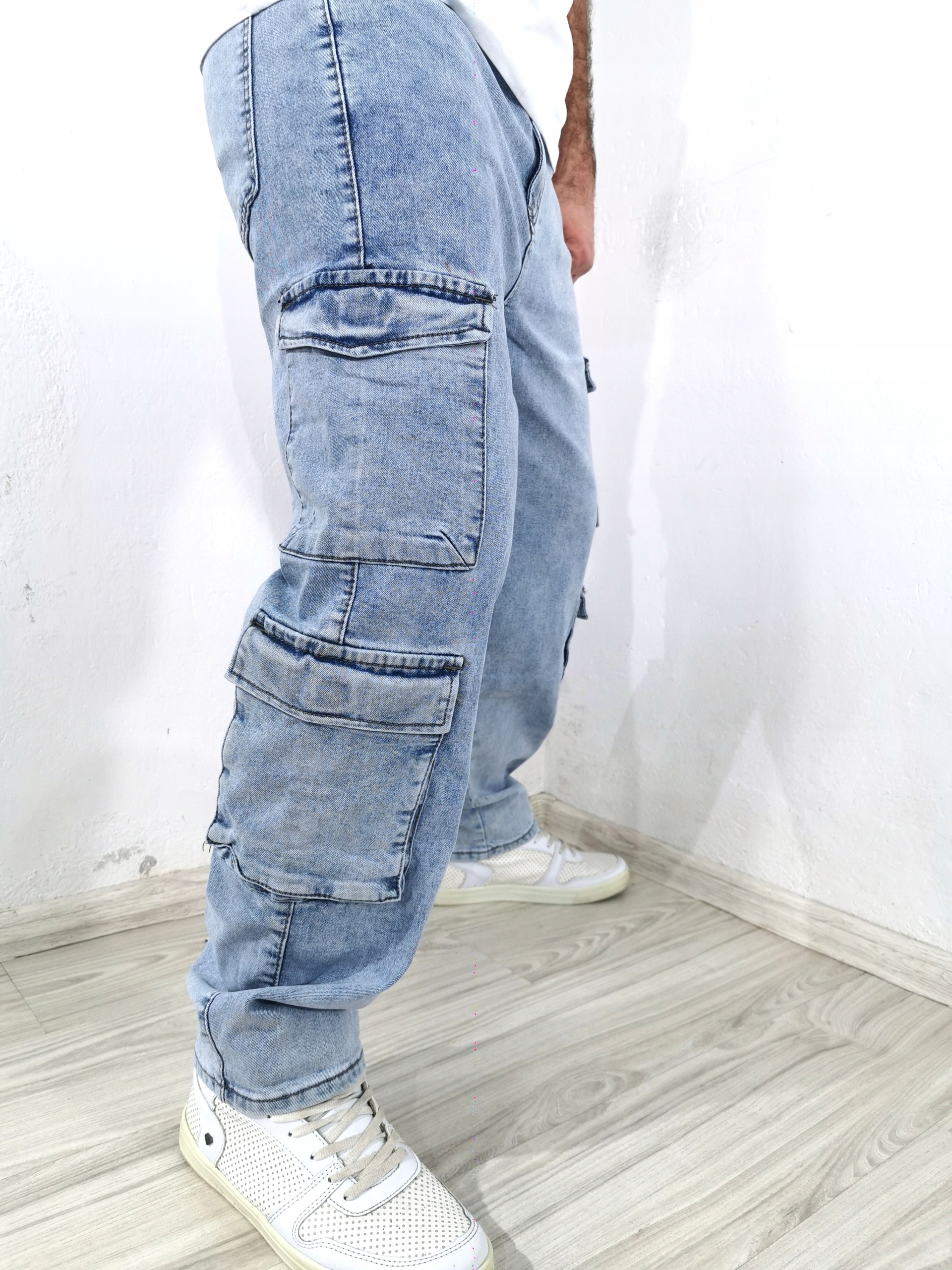 Pánské džínové kalhoty s širokými nohavicemi, baggy, světlé kapsy, velikost 38