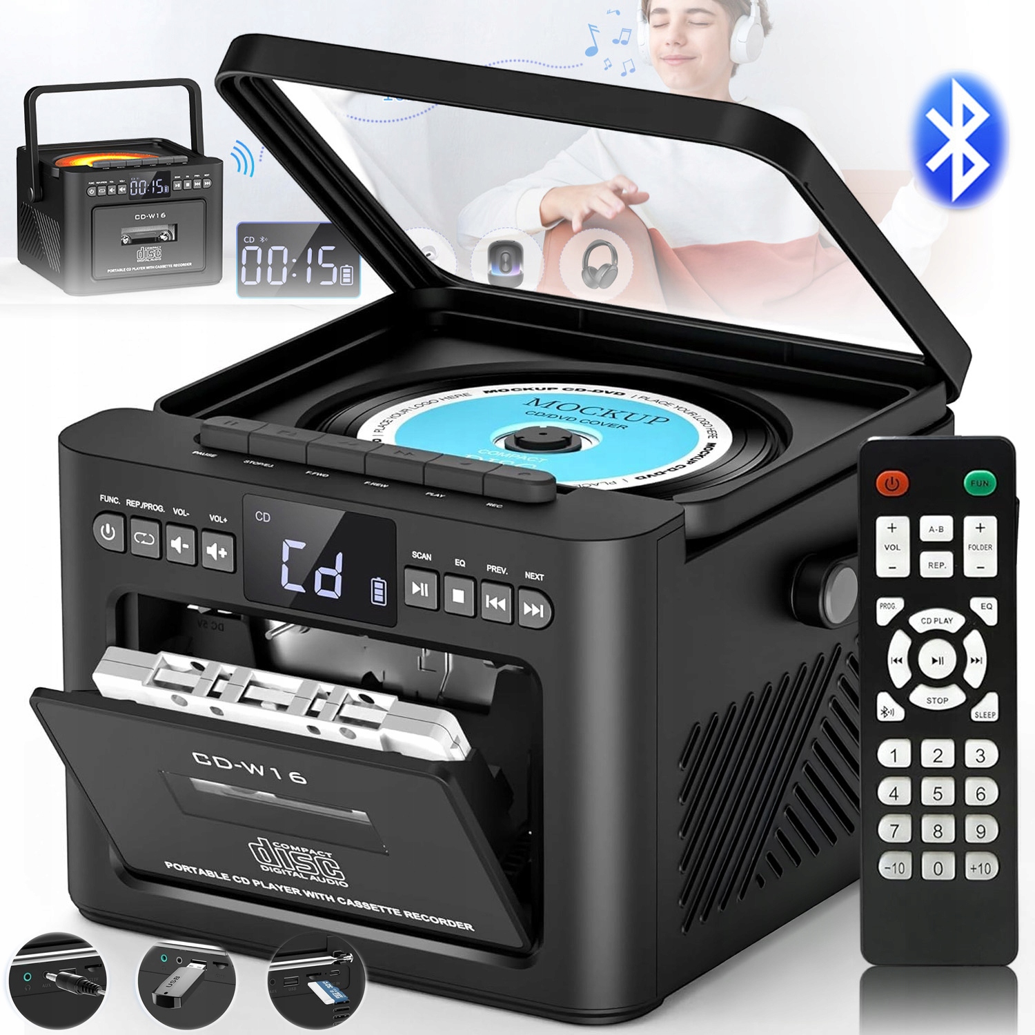 Přehrávač Cd+kazeta Bluetooth Rádio Fm Discman MP3 Aux Reproduktory Led Obrazovka