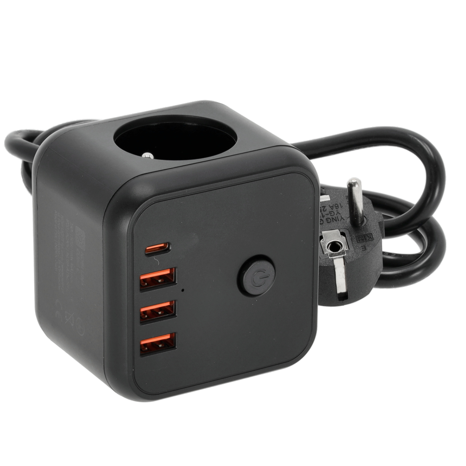 Prodlužovací Kabel Usb Kostka 3-zásuvky 1,5 m s uzemněním a vypnutím 4xUSB černý