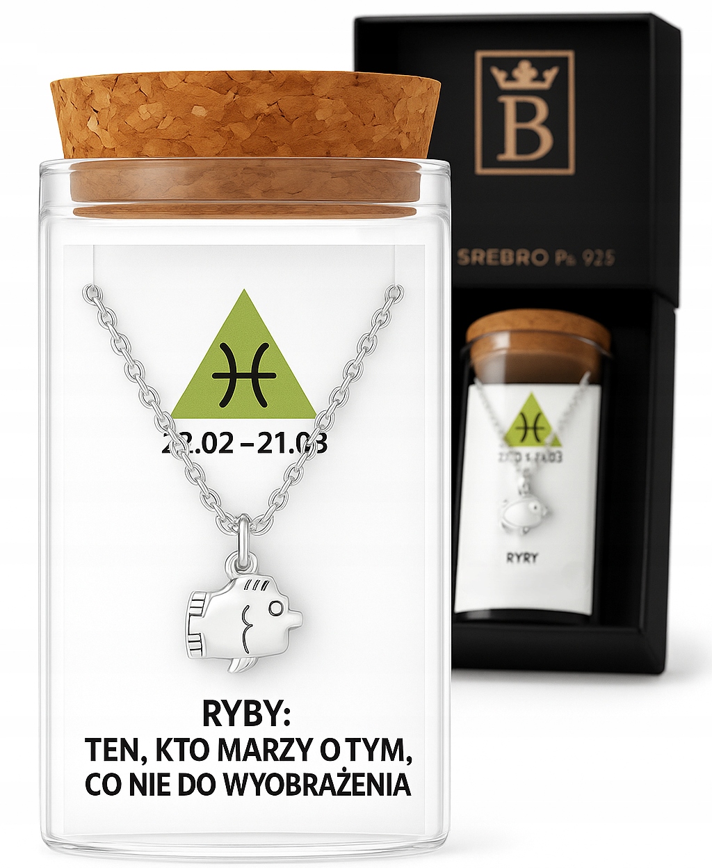 Stříbrný dámský náhrdelník v láhvi znamení zvěrokruhu ryby stříbro o ryzosti 925