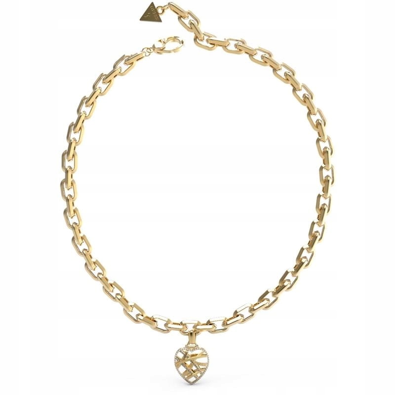 Náhrdelník Guess Heart Cage Ažurové srdce Zirkony Ocel zlatá Logo Regular