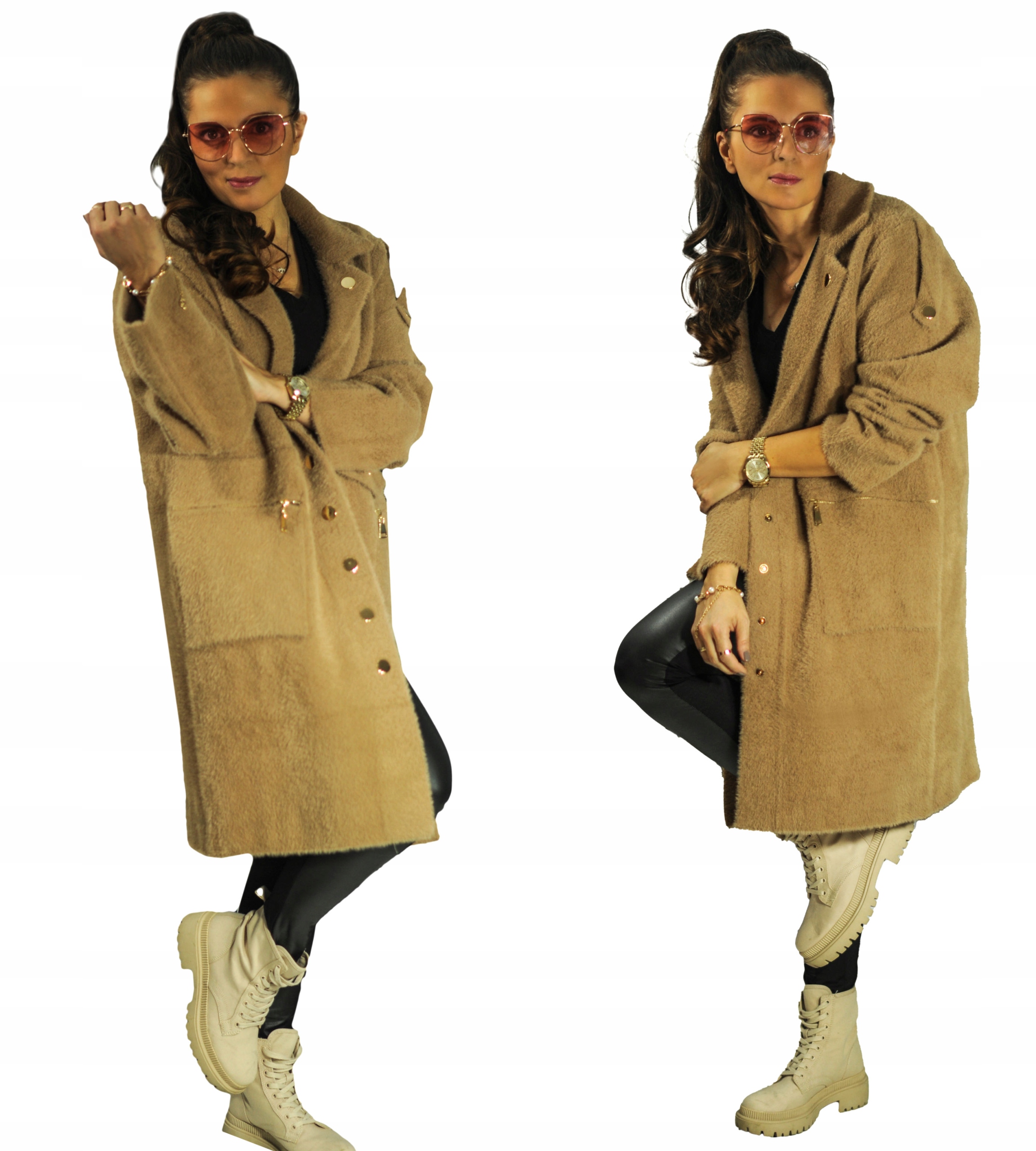 

Płaszcz Z Alpaki złote guziki Hq plus size Camel