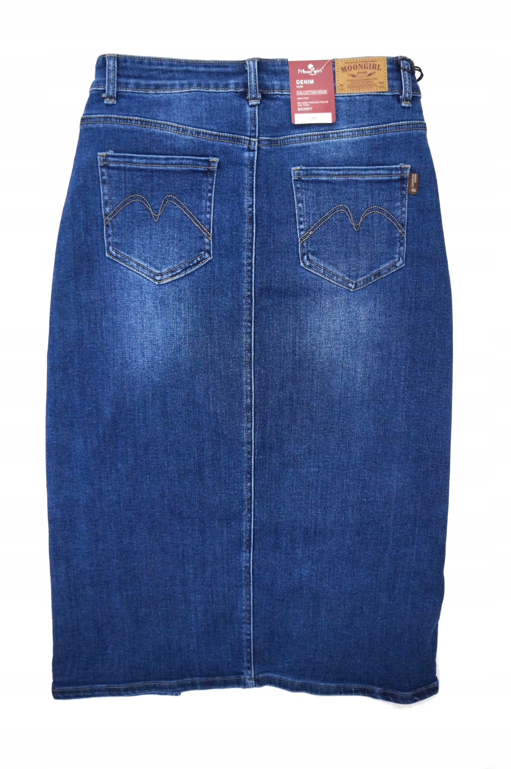 SPÓDNICA JEANSOWA WYSZCZUPLAJĄCA ELASTYCZNA MODNA WYGODNA LOGOWANA MIDI Kolor niebieski