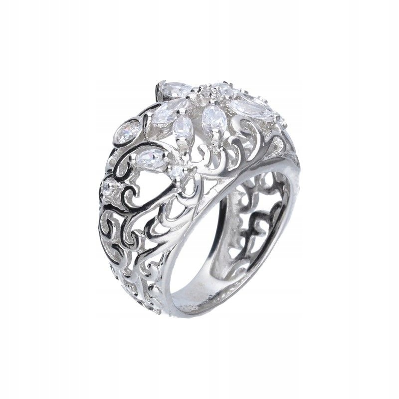 Prstýnek ze stříbra 925, ažurová kytička se zirkony, módní r12