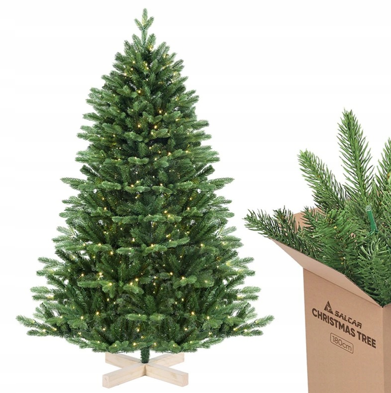 Umelý Vianočný Stromček Ušľachtilá Jedľa 210 CM Drevený Stojan Premium Led