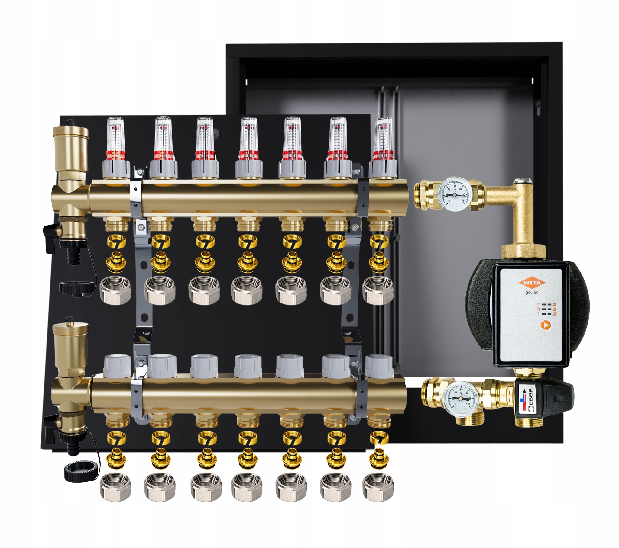 Rozdeľovač na podlahu 7 obvodov nástenná skrinka Čerpadlo Vita Pex