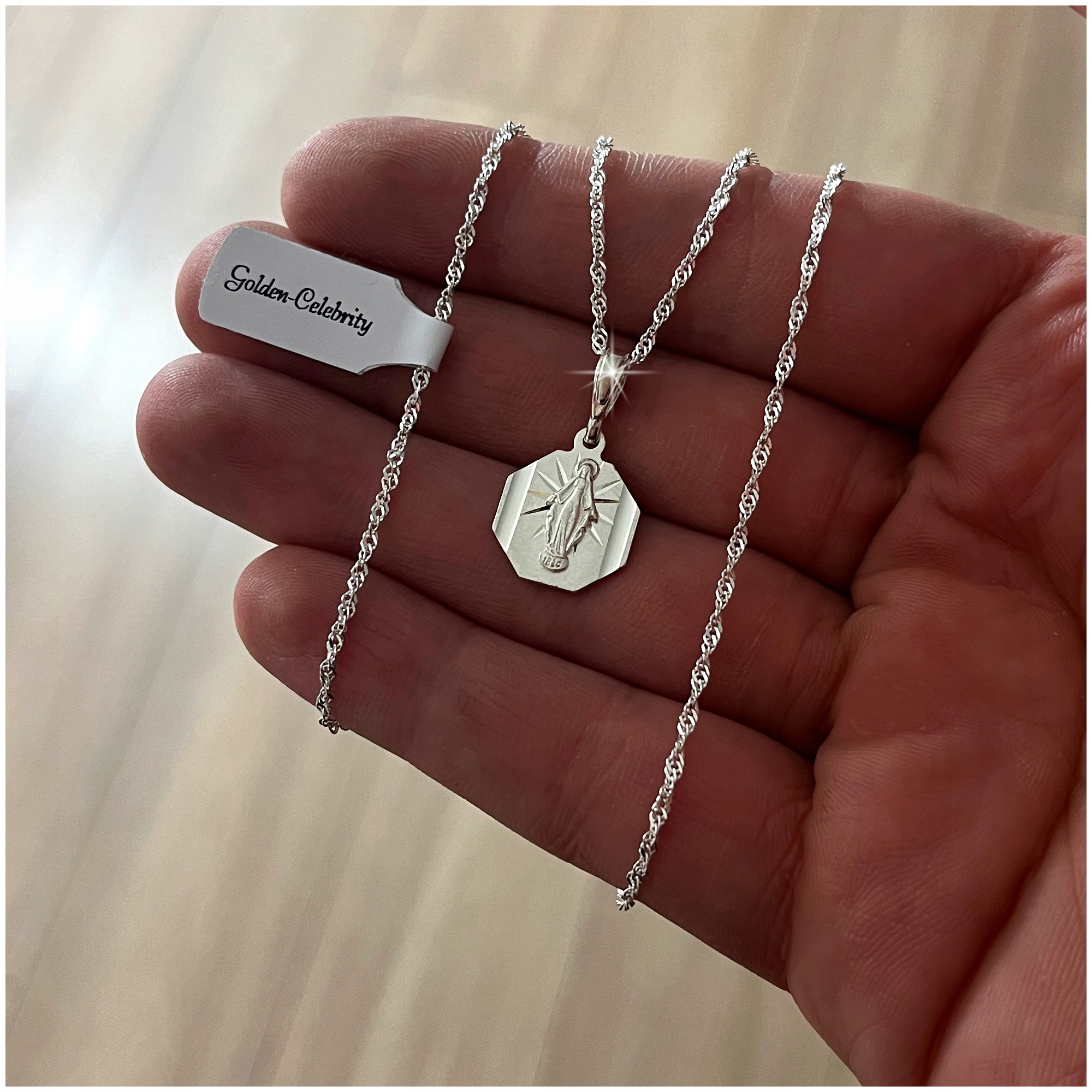 SREBRNY ŁAŃCUSZEK SINGAPUR + MEDALIK PRÓBA 925 MATKA BOSKA CUDOWNA + GRAWER Marka Golden Celebrity